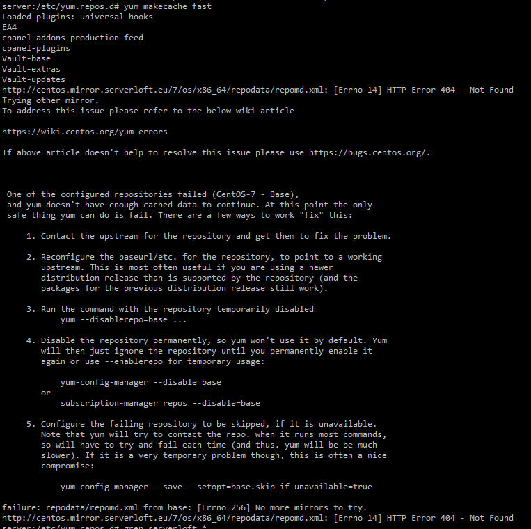 failure: repodata/repomd.xml from base: [Errno 256] No more mirrors to try. 